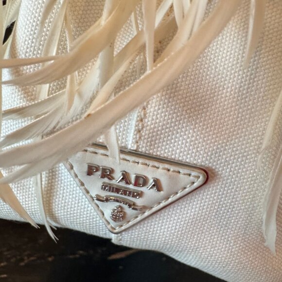 Prada Canapa Fringe with Plume White 2-Way Crossbody Bag - Picture 5 of 8